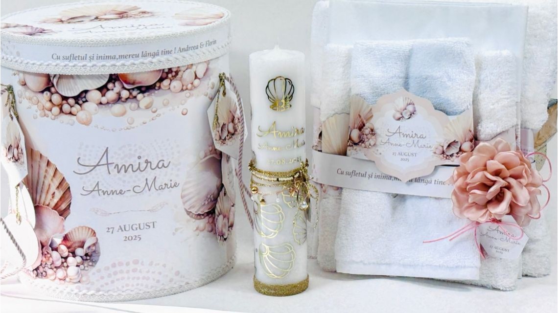 Lumânare botez cu scoici și folio gold – „Perle Aurii” 11